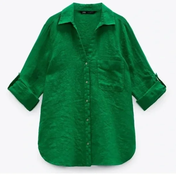 Zara Long Sleeve Button Down Green Blouse Woman’s Size Large - Picture 8 of 11